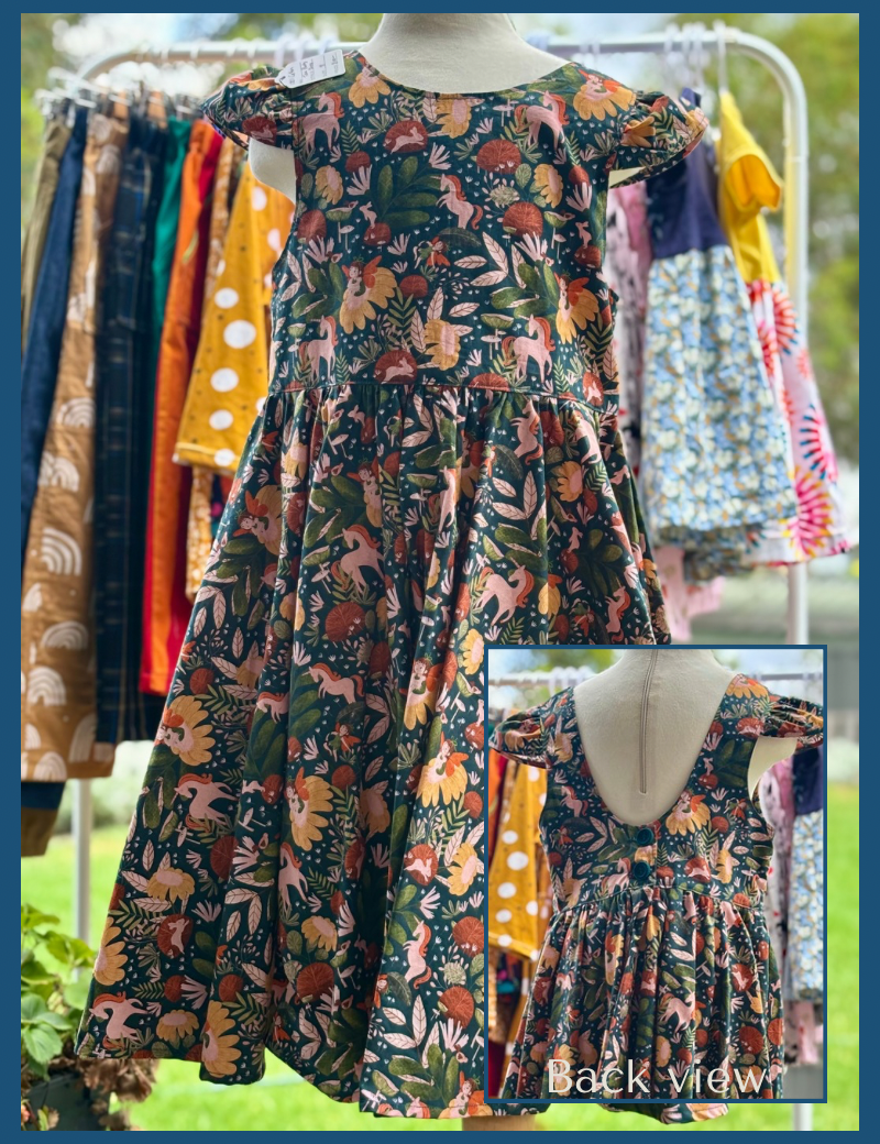 A floral print tea party dress for kids displayed on a mannequin, with a close-up back view showing the lined bodice and button closure.